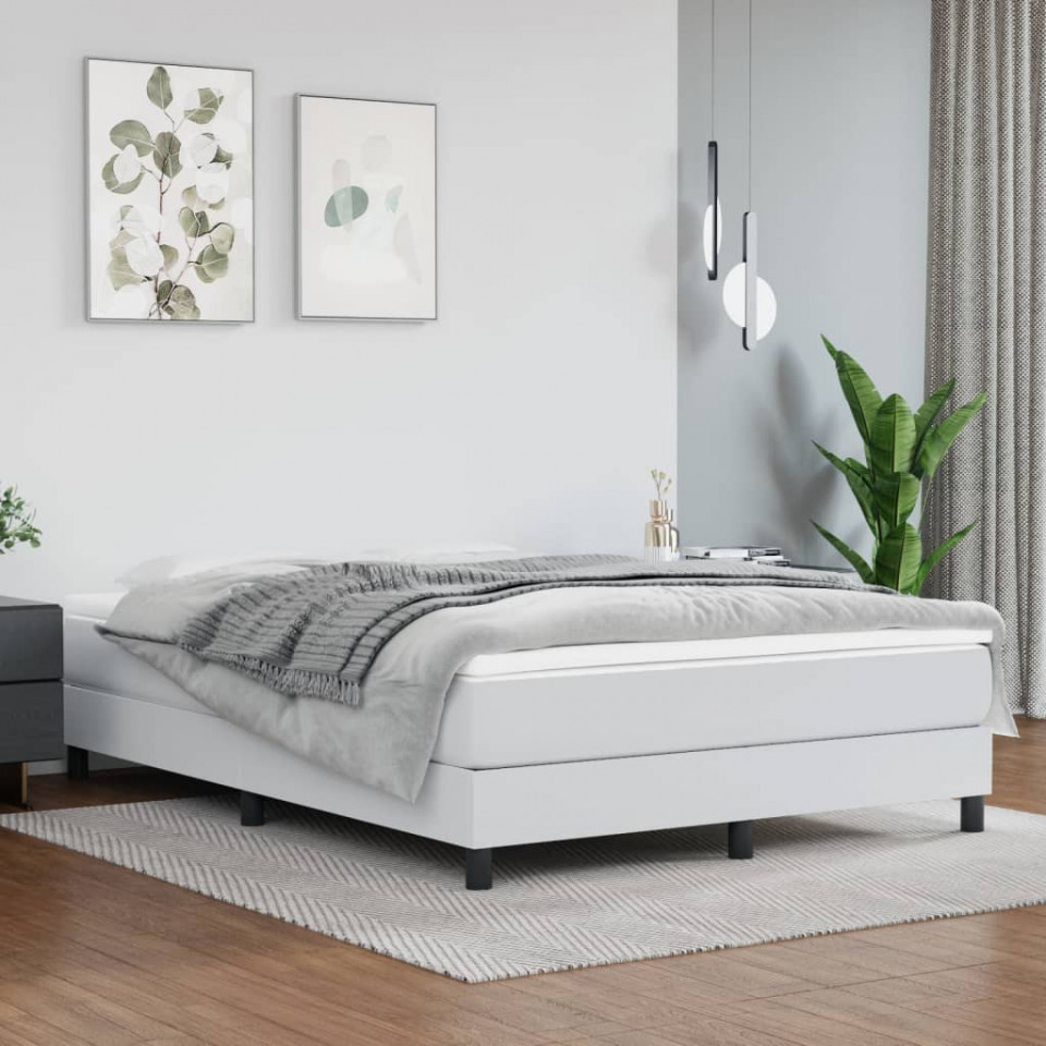 Pat box spring cu saltea, alb, 140x200 cm, piele ecologică