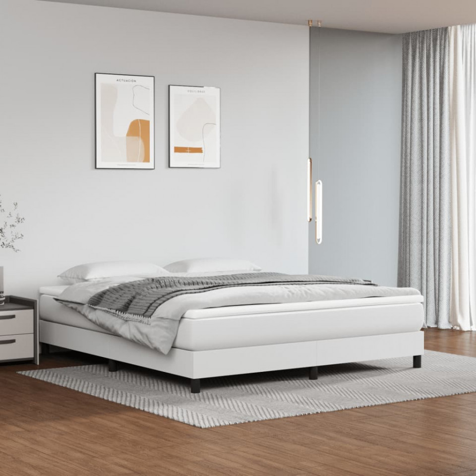 Pat box spring cu saltea, alb, 160x200 cm, piele ecologică