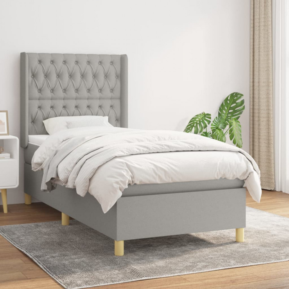 Pat box spring cu saltea, gri deschis, 100x200 cm, textil