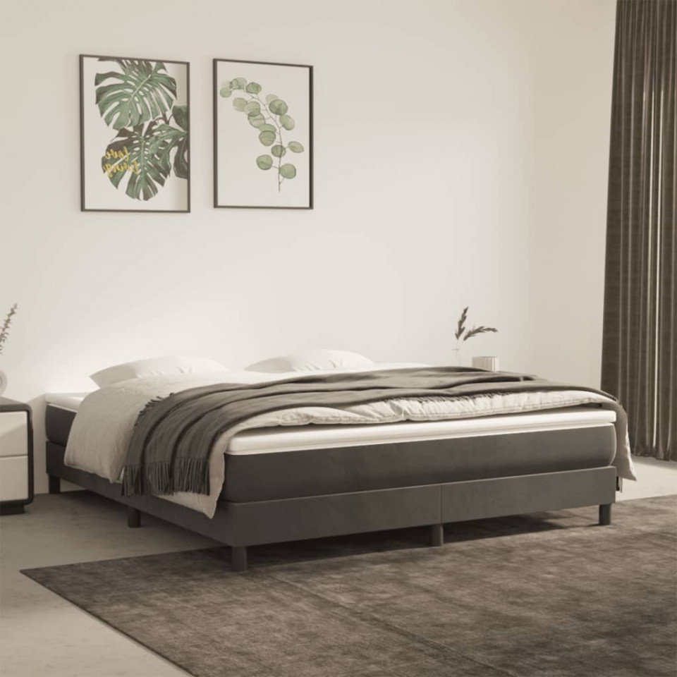 Pat box spring cu saltea, gri închis, 180x200 cm, catifea