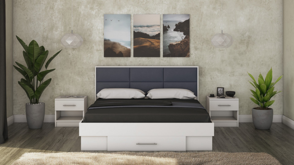 Pat solano alb cu noptiere, tablie tapitata gri, 140×200 cm