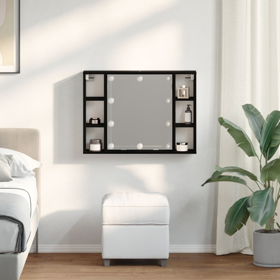 sertar cu oglindă LED - Stejar negru - 76x15x55 cm - Fabricat din lemn prelucrat