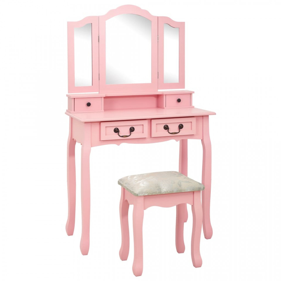 Set masă de toaletă cu taburet roz 80x69x141 cm lemn paulownia 80x69x141