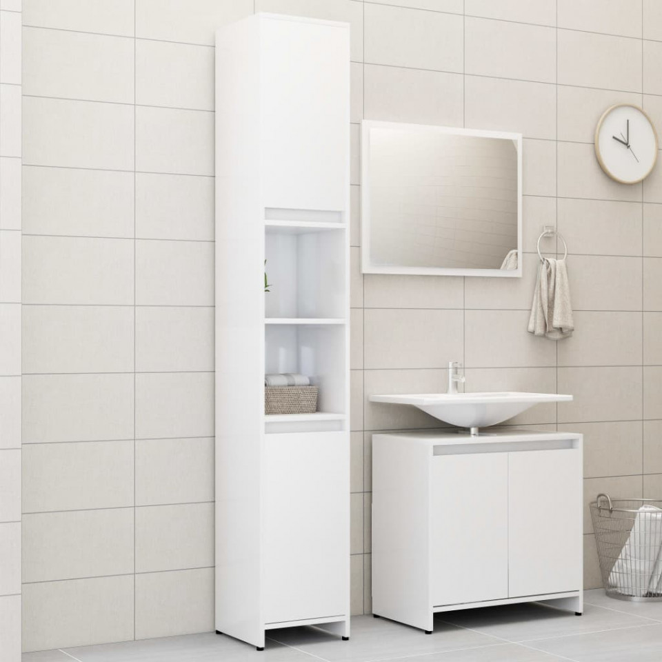 Set mobilier de baie, 3 piese, alb extralucios, lemn prelucrat