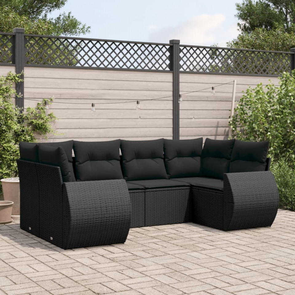 Set mobilier de grădină cu perne, 6 piese, negru, poliratan