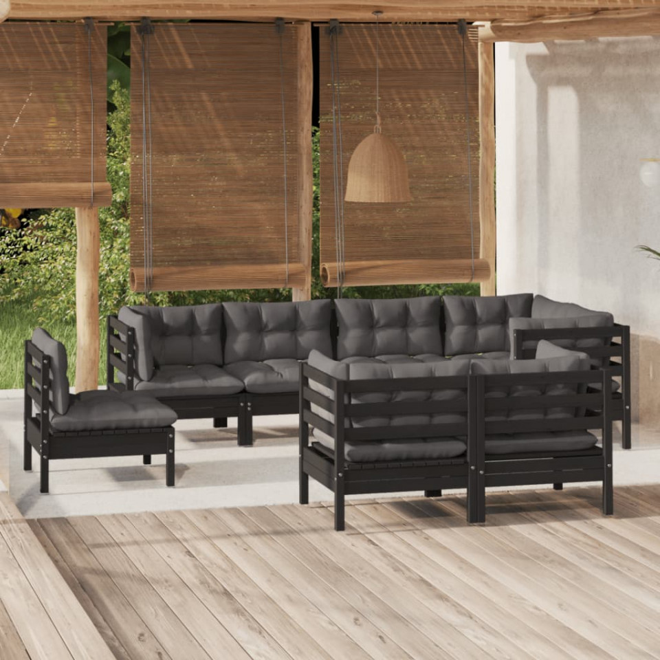 Poza Set mobilier de gradina cu perne 8 piese negru lemn masiv pin