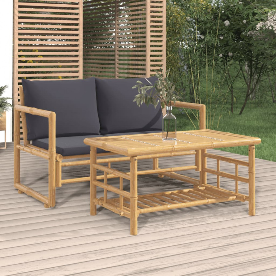 Poza Set mobilier de gradina cu perne gri inchis, 2 piese, bambus