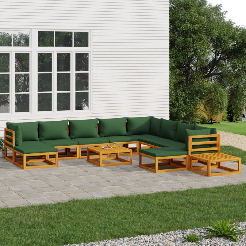 Poza Set mobilier de gradina cu perne verzi, 12 piese, lemn masiv