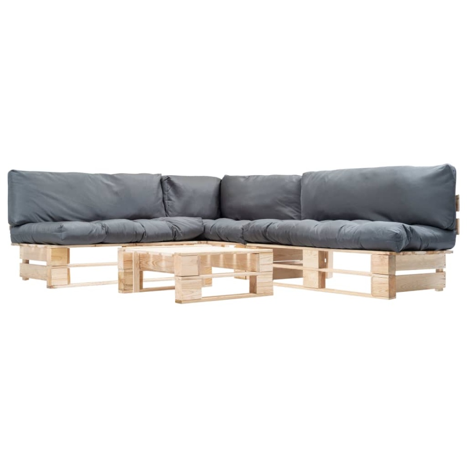 Set mobilier de grădină paleți cu perne gri, 4 piese, lemn