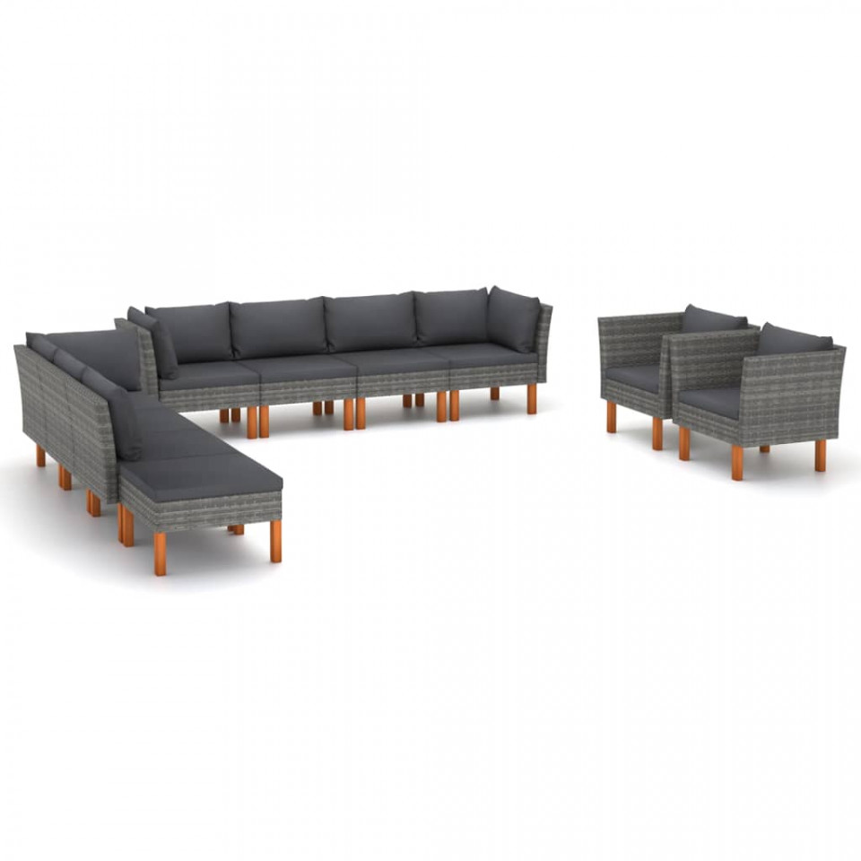 Set mobilier grădină 10 piese gri poliratan/lemn de eucalipt