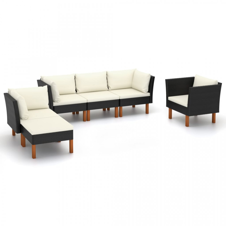 Set mobilier grădină 6 piese negru poliratan/lemn eucalipt