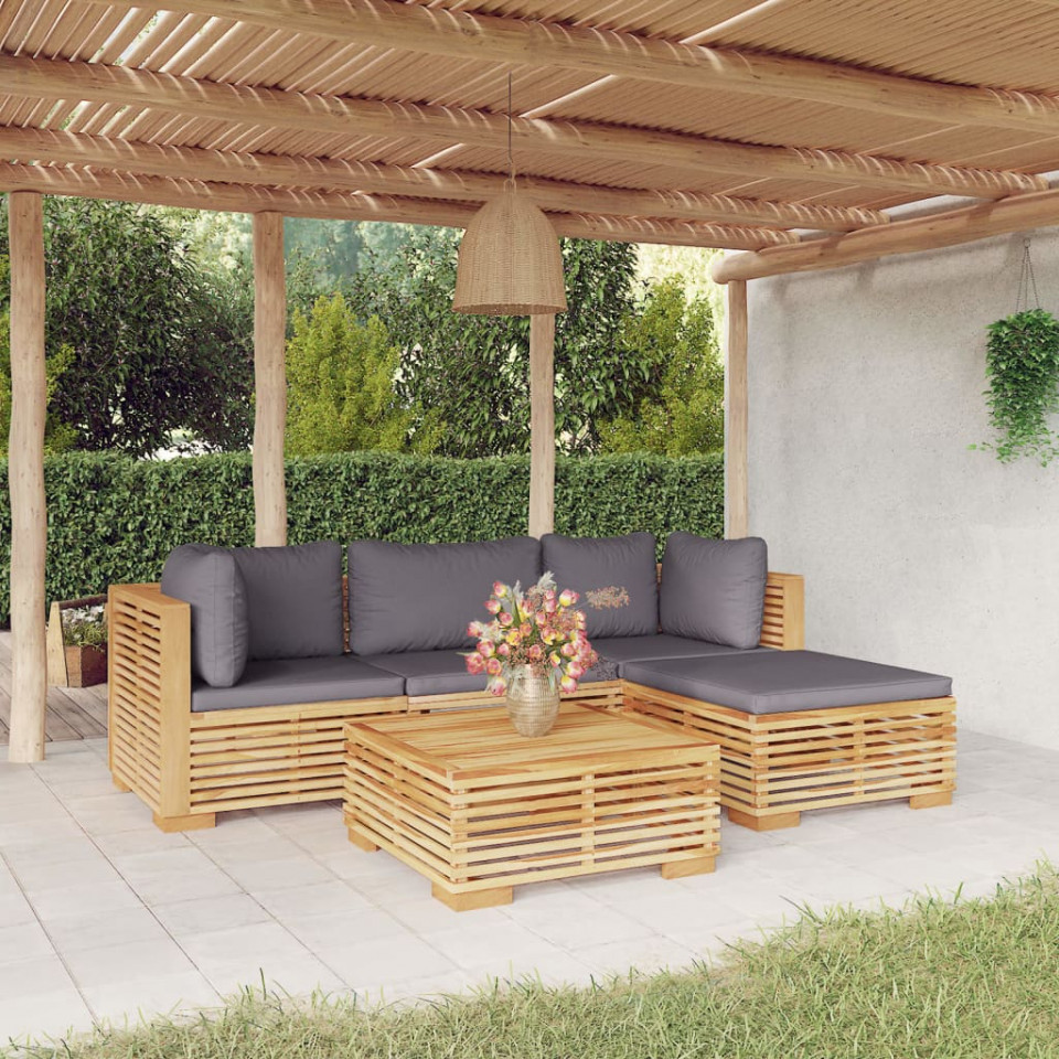 Set mobilier grădină cu perne, 5 piese, lemn masiv de tec