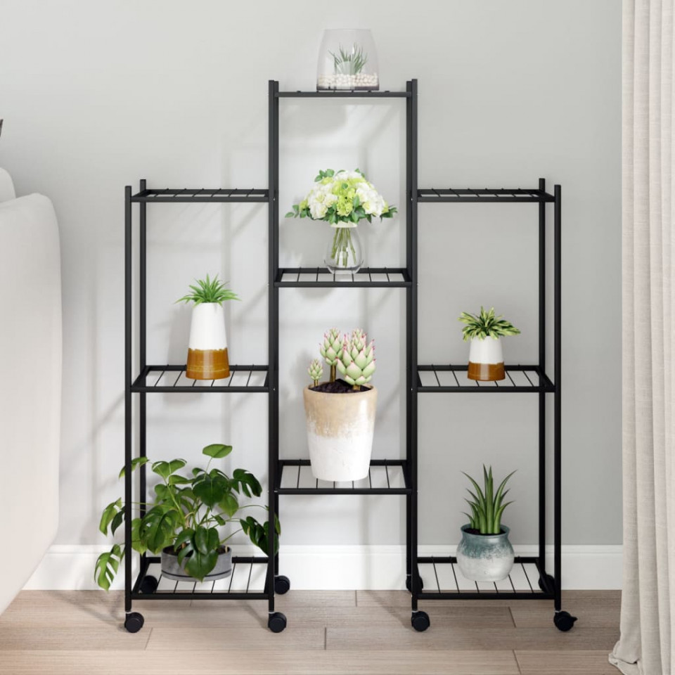 Suport pentru flori cu roți, 83x25x103,5 cm, negru, fier