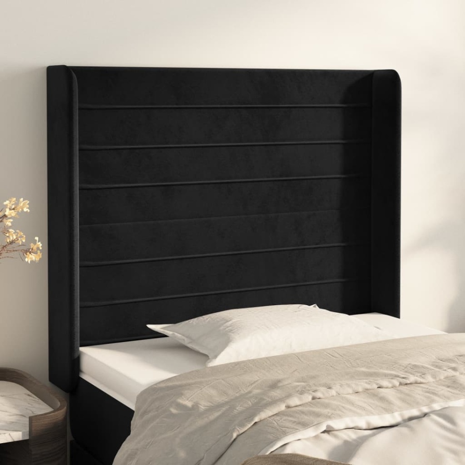 Tăblie de pat cu aripioare, negru, 103x16x118/128 cm, catifea