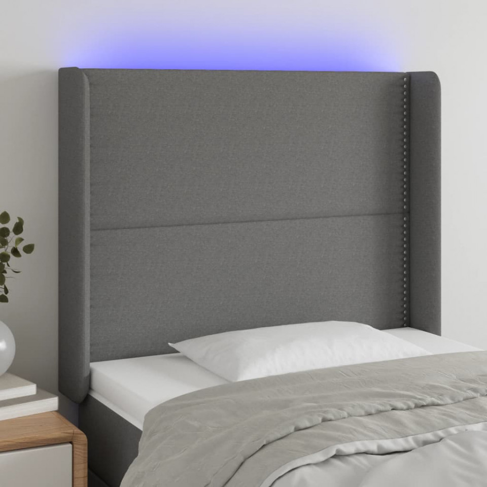 Tăblie de pat cu LED, gri închis, 103x16x118/128 cm, textil
