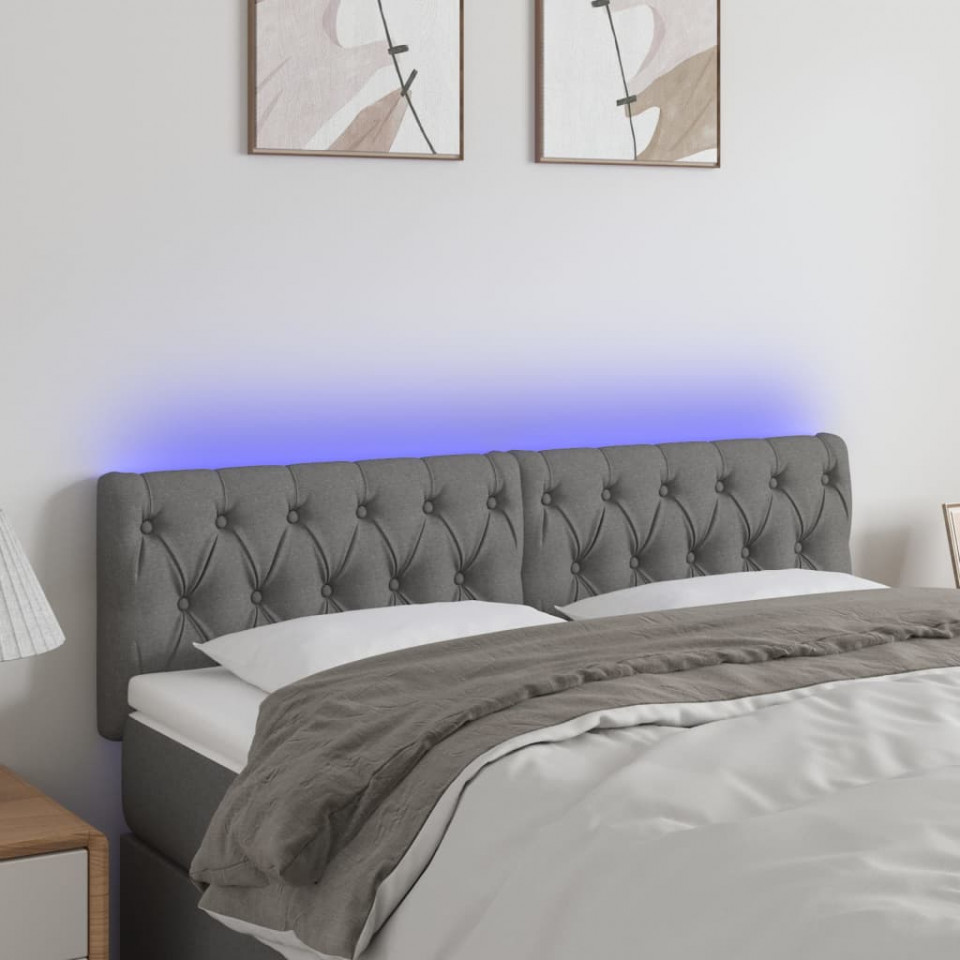 Tăblie de pat cu led, gri închis, 160x7x78/88 cm, textil
