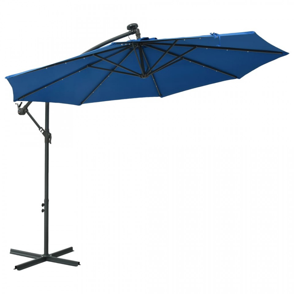 Umbrela suspendata cu LED si stalp din otel, azuriu, 300 cm