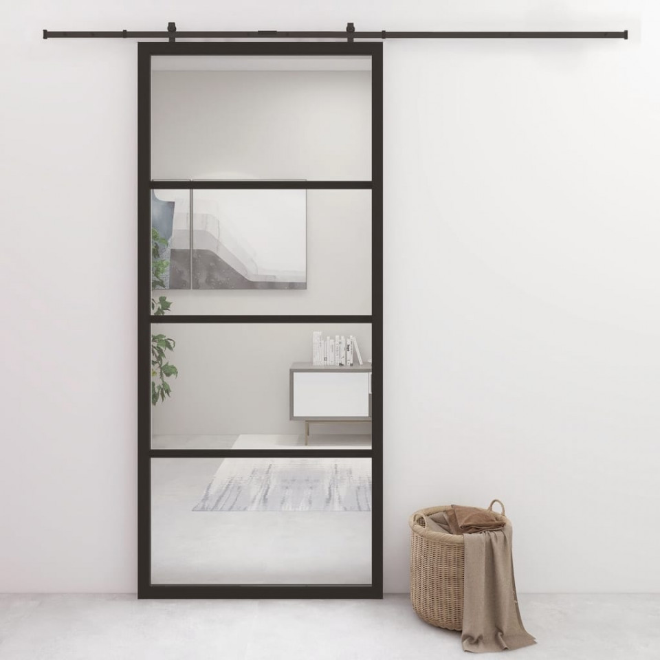Ușă glisantă, negru, 90x205 cm, aluminiu și sticlă esg