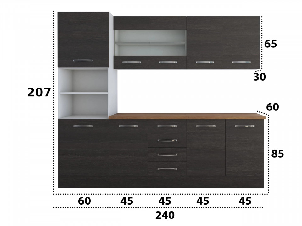 Bucatarie Alfa 240, Soldat, Cu vitrina, Wenge, Blat termic nuc