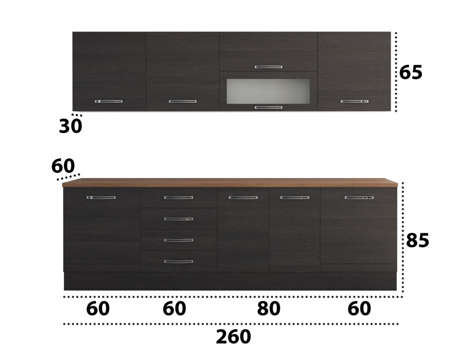 Bucatarie Alfa 260, Cu vitrina, Wenge, Blat termic nuc