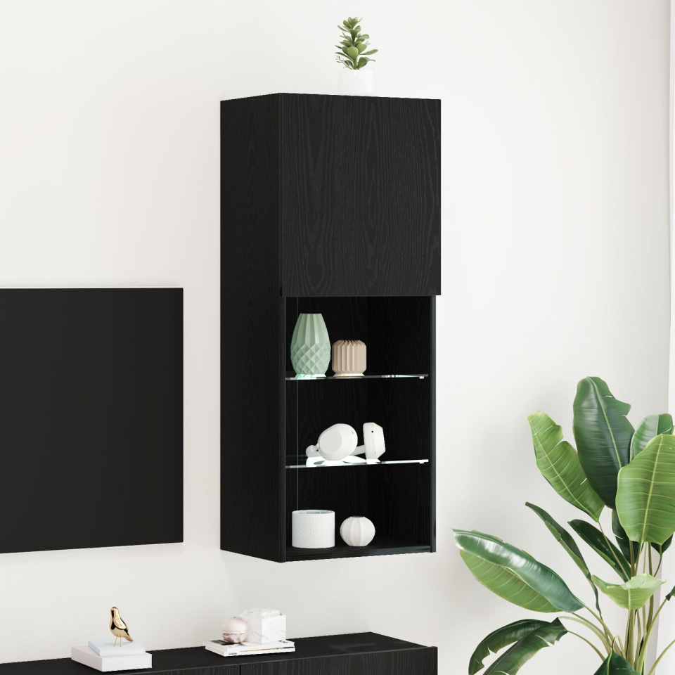 Bufet TV cu lumini LED Stejar Negru 40,5x30x102 cm