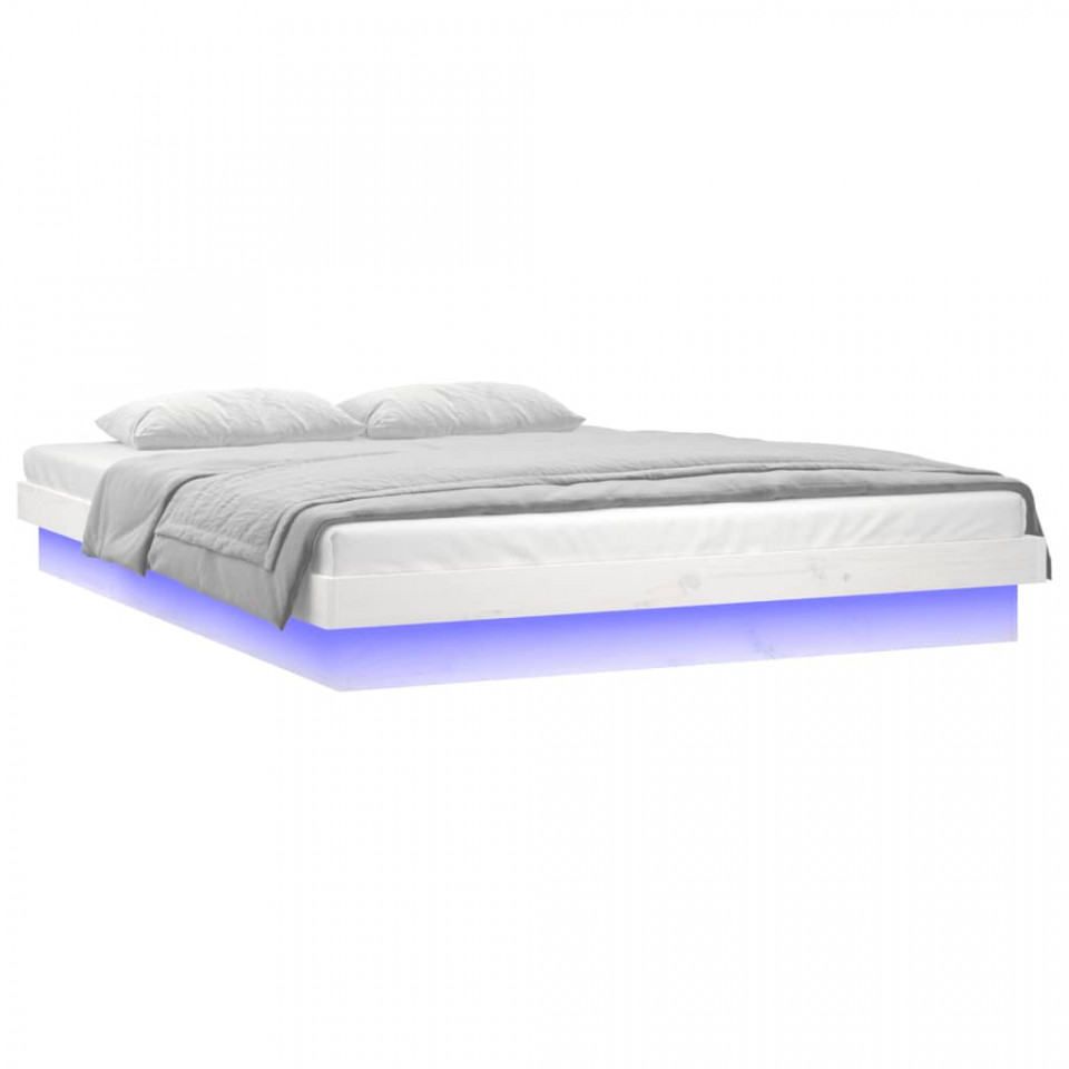 Cadru de pat cu LED, dublu, alb, 135x190 cm, lemn masiv