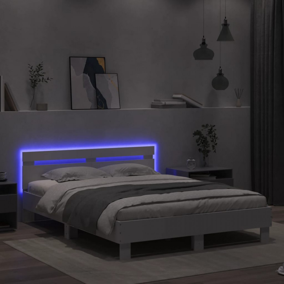 Cadru de pat cu tăblie și LED, alb, 140x200 cm