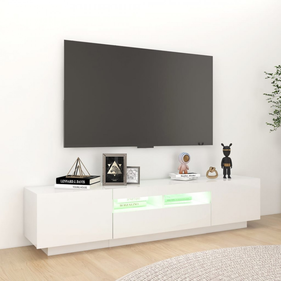 Comodă TV cu lumini LED, alb extra lucios, 180x35x40 cm