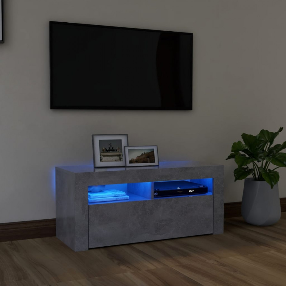 Comoda TV cu lumini LED, gri beton, 90x35x40 cm