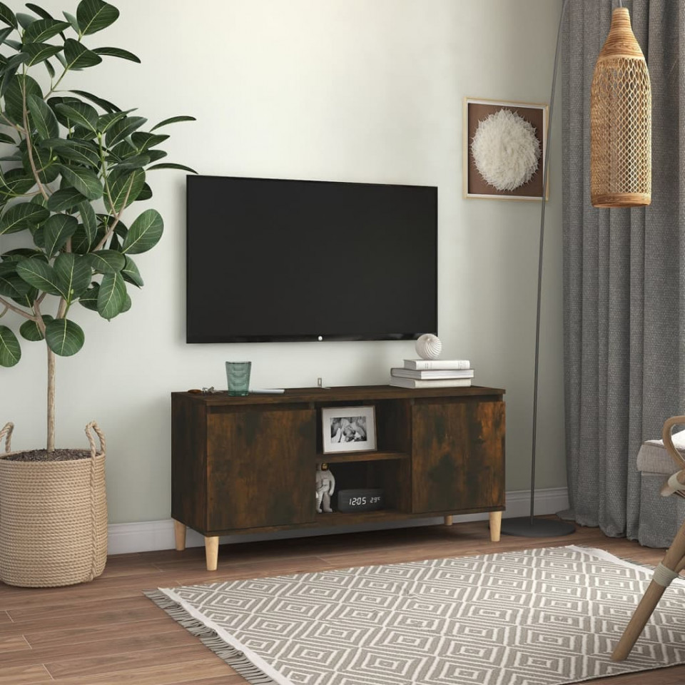 Comodă TV, picioare lemn masiv, stejar fumuriu, 103,5x35x50 cm