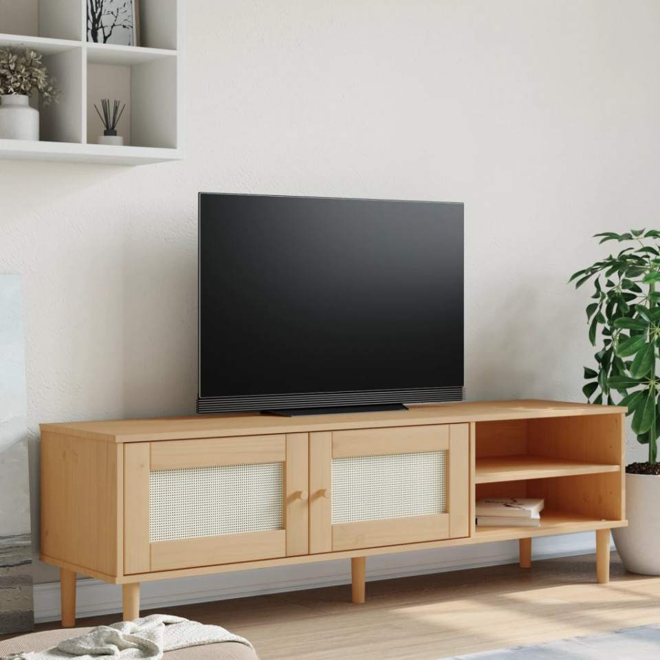Comodă TV SENJA aspect ratan maro, 158x40x49 cm, lemn masiv pin