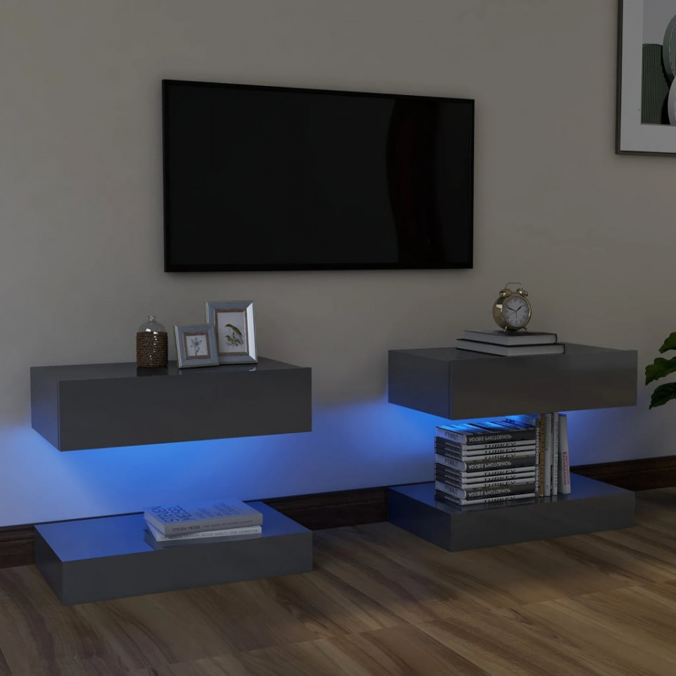 Comode TV cu lumini LED, 2 buc., gri extralucios, 60x35 cm