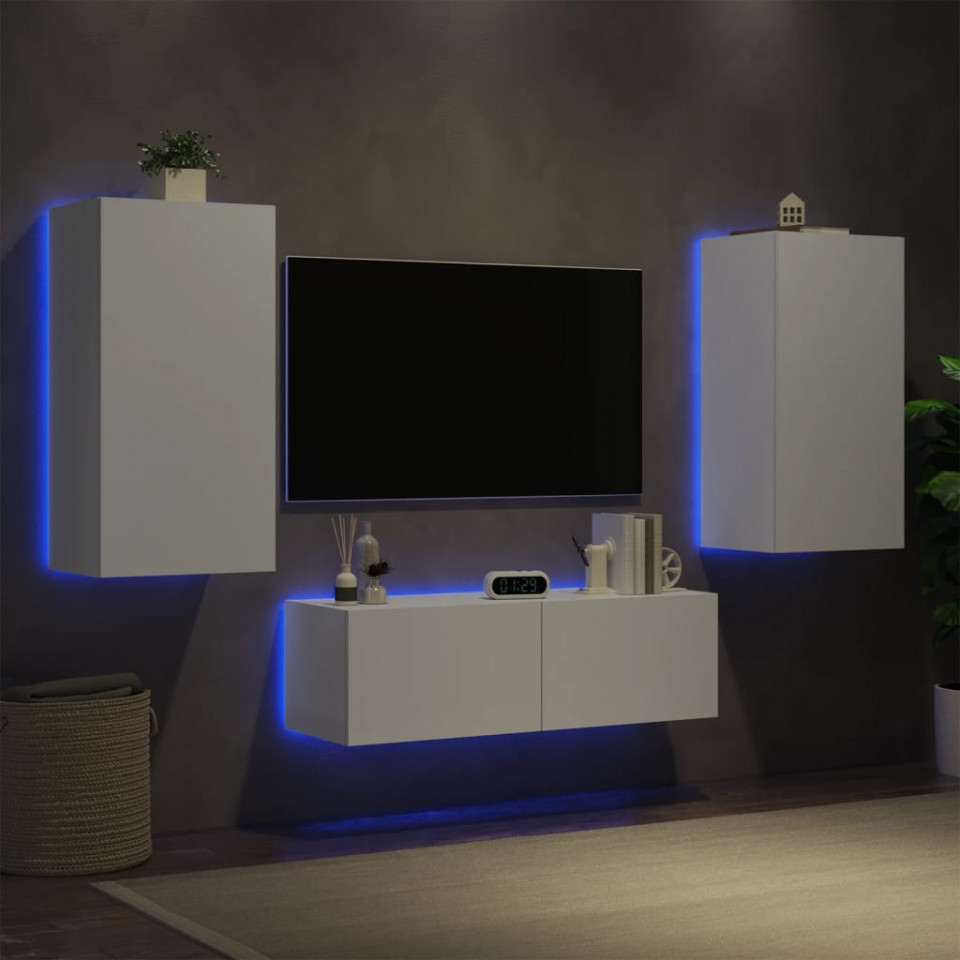 Comode TV de perete cu lumini LED, 3 piese, alb