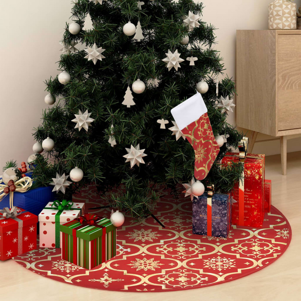 Covor fustă de brad Crăciun cu șosetă, roșu, 122 cm, țesătură 122 imagine noua