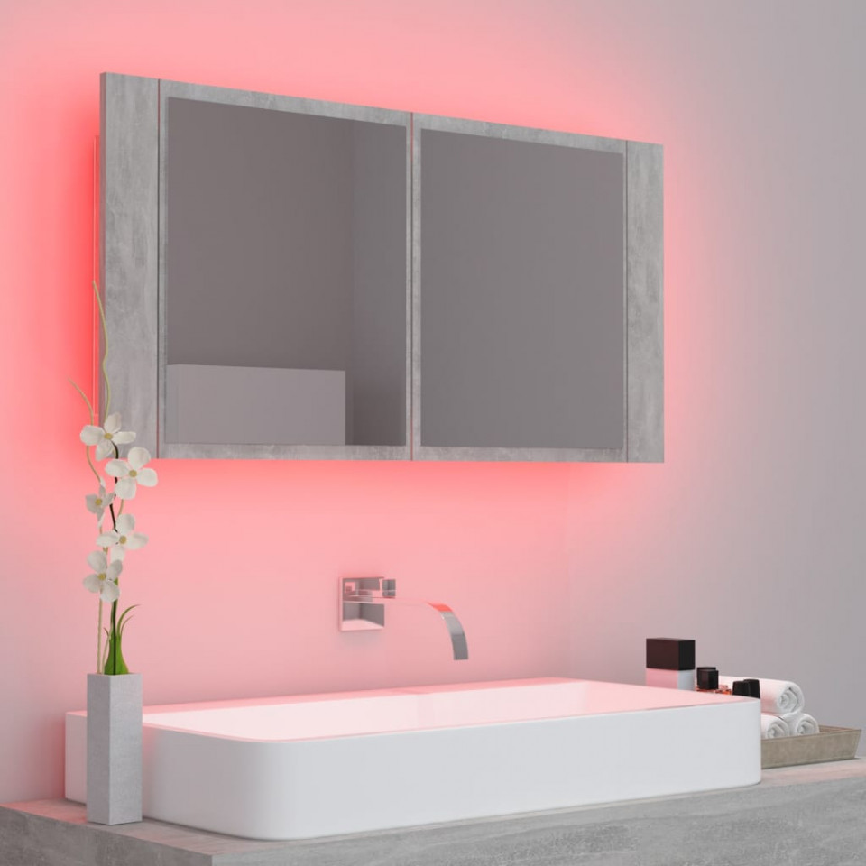 Dulap de baie cu oglindă și LED, gri beton, 90x12x45 cm