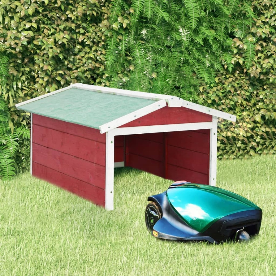 Garaj mașină de tuns iarba robot roșu&alb 72x87x50 cm lemn brad