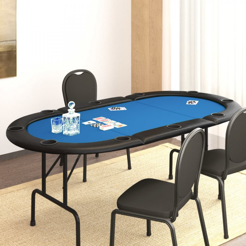 Masă de poker pliabilă, 10 jucători, albastru, 206x106x75 cm