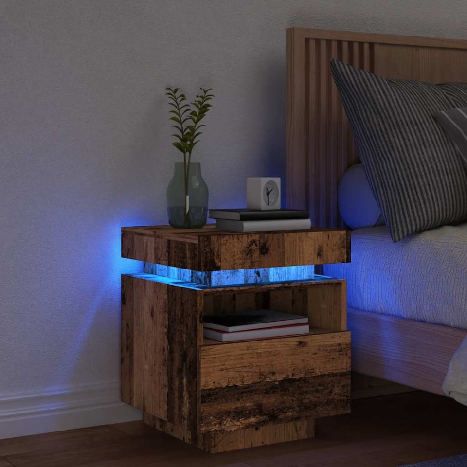 Noptieră cu lumini LED, lemn vechi, 40x39x48,5 cm