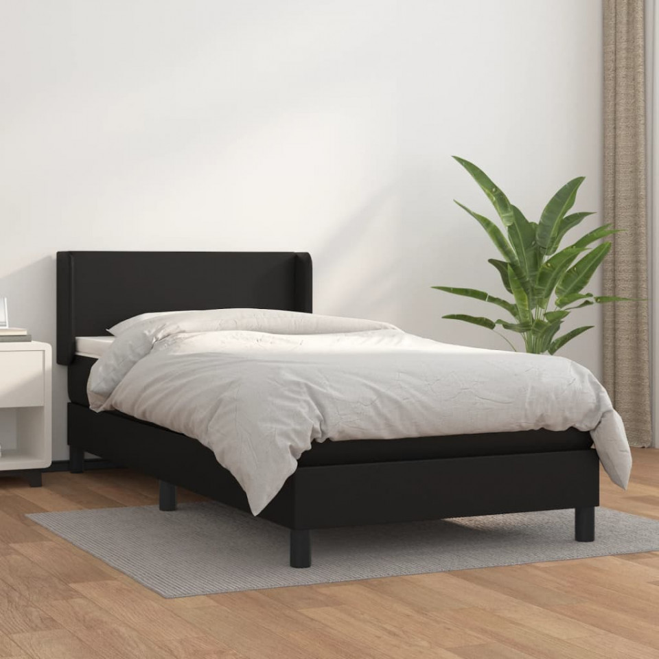 Pat box spring cu saltea, negru, 100x200 cm, piele ecologică