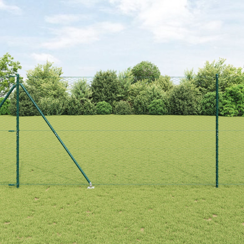Plasă hexagonală Verde 1.5x10 m Oțel, Stâlpi plasa cu vârf 7 buc Ø32 mm 170 cm Oțel galvanizat