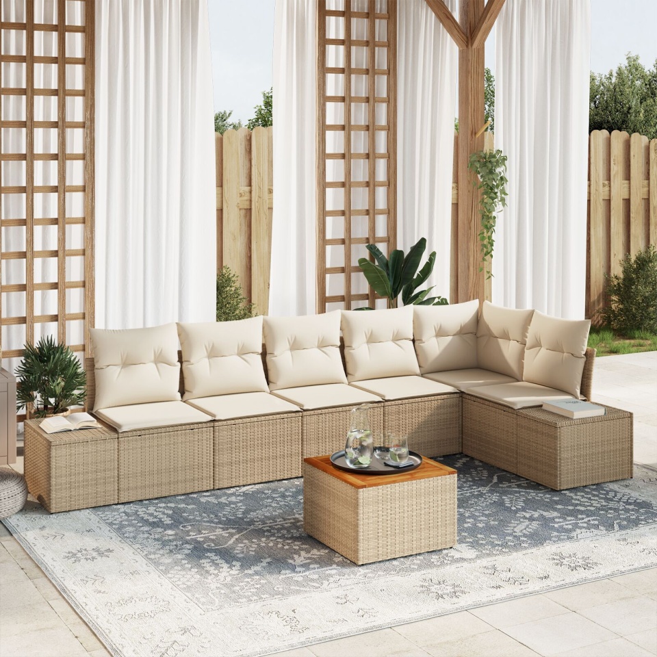 Set de canapea 7 piese pentru gradina cu perne Bej Ratan Acacia