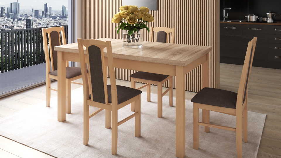 Set masa extensibila 140-180x80 cm cu 4 scaune tapitate, mb-21 modena1 si s-37 boss7 s6, sonoma, lemn masiv de fag, stofa