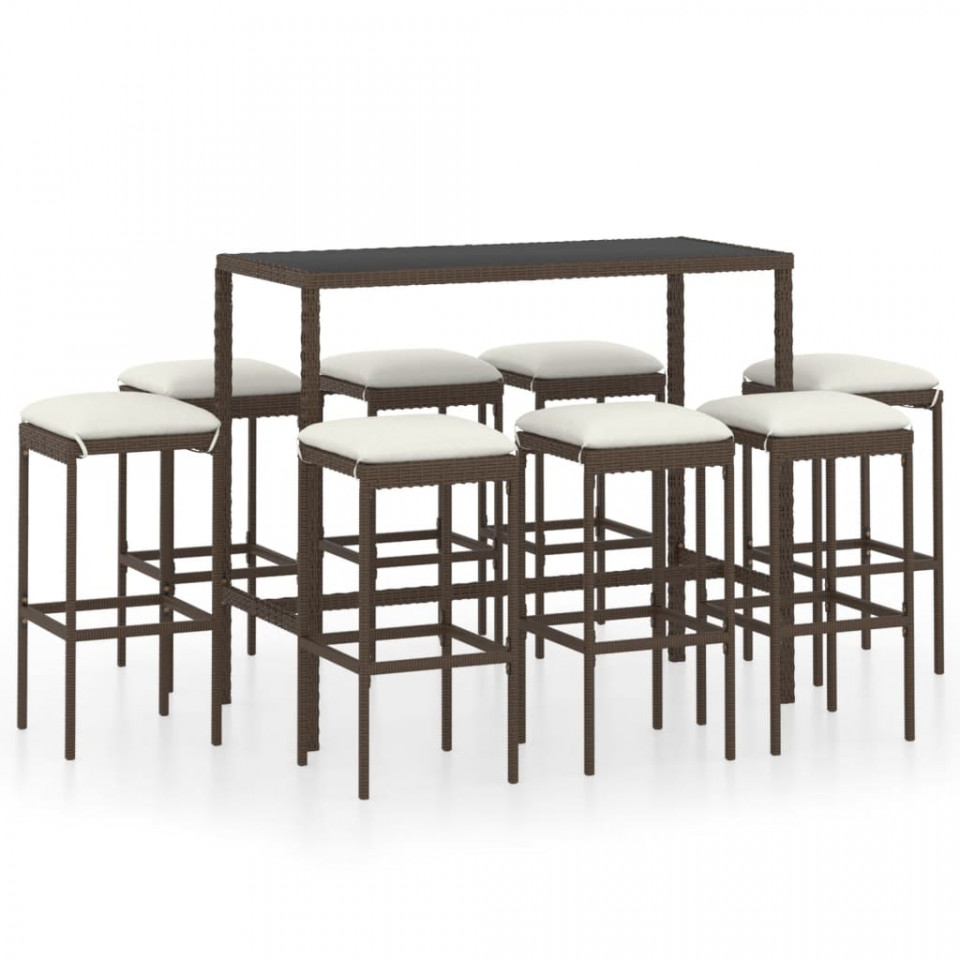 Set mobilier bar de grădină cu perne, 9 piese, maro, poliratan