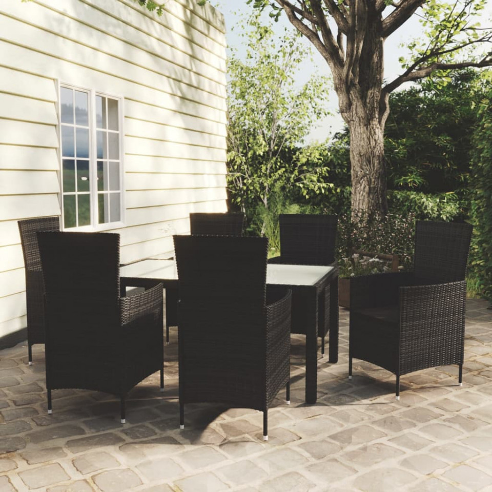 Set mobilier de exterior cu perne, 7 piese, negru, poliratan