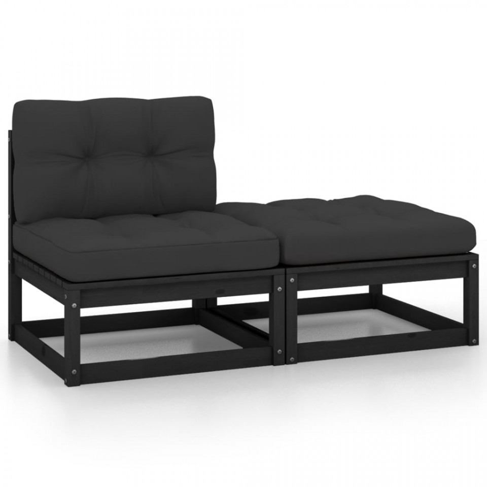 Set mobilier de grădină cu perne, 2 piese, negru, lemn de pin
