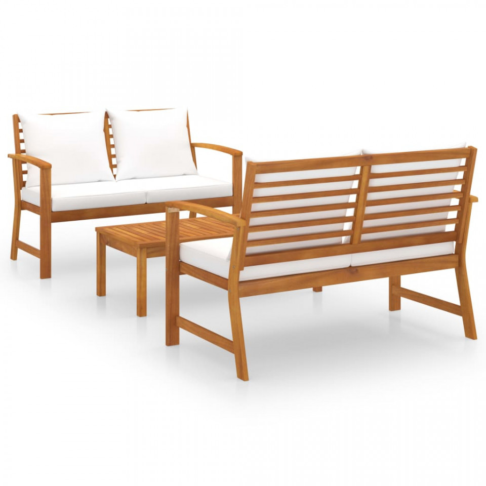 Set mobilier de grădină, cu perne, 3 piese, lemn masiv acacia