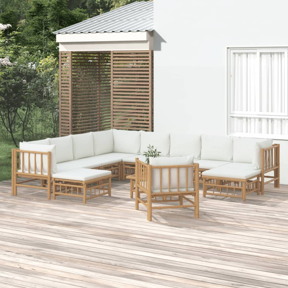 Set mobilier de gradina cu perne alb crem, 12 piese, bambus