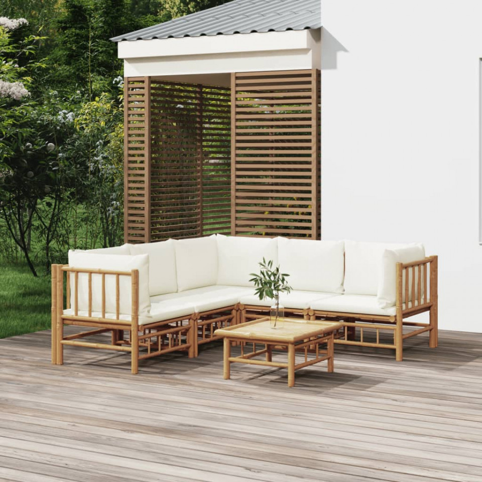 Poza Set mobilier de gradina cu perne alb crem, 6 piese, bambus