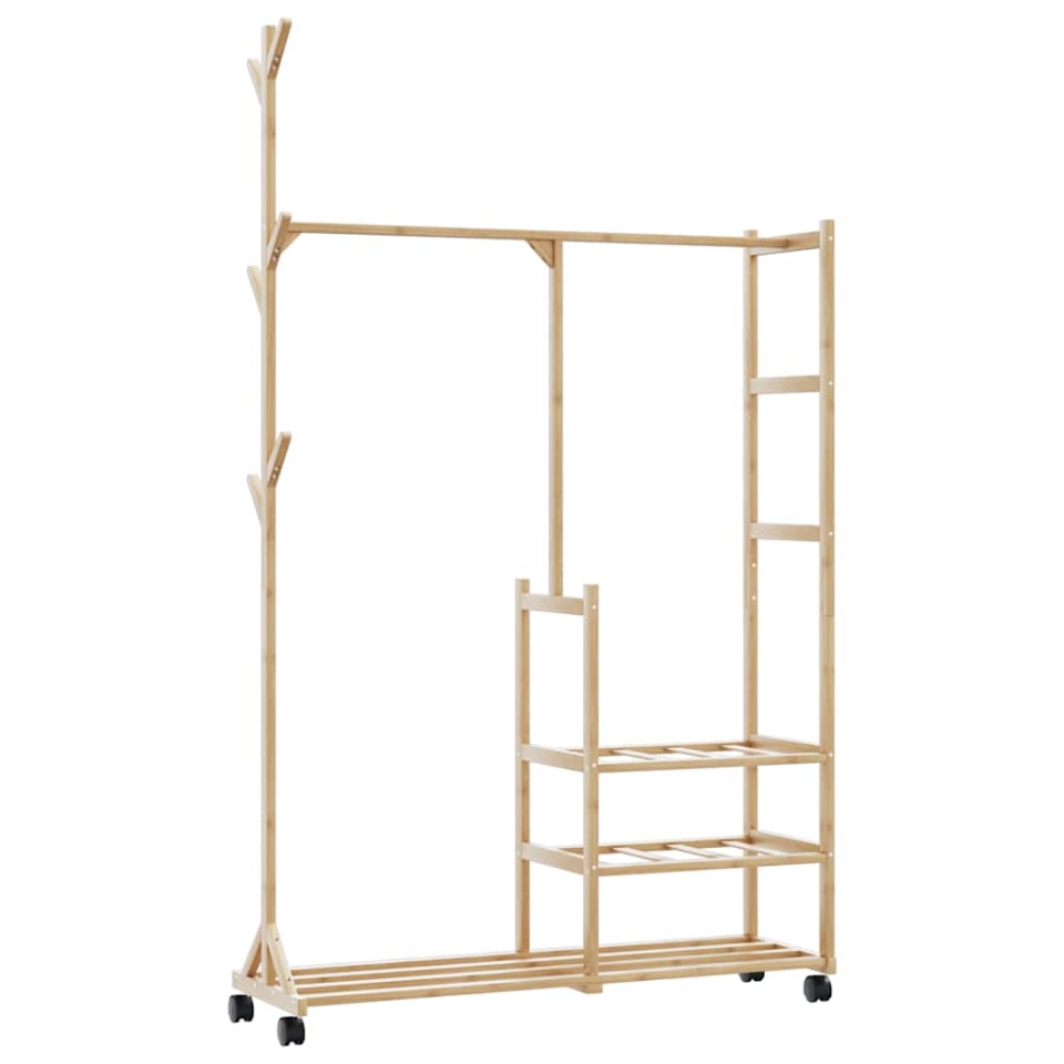 Suport pentru haine cu rafturi și roți 100x38x175,5 cm bambus