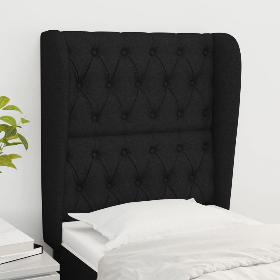 Tăblie de pat cu aripioare, negru, 83x23x118/128 cm, textil